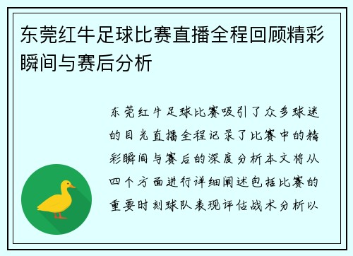 东莞红牛足球比赛直播全程回顾精彩瞬间与赛后分析